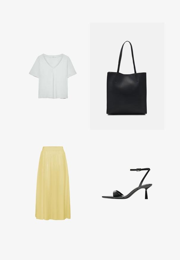 Lichtgrijze T-shirt met korte mouwen en V-hals, gemaakt van zacht materiaal; heeft een relaxte pasvorm en nette stiksels zonder patronen.; Gele, enkellange rok van soepel, lichtgewicht stof. Heeft een elastische tailleband en een vloeiende pasvorm met een subtiele glans.; Bershka Sandalen met hoge hak - black; Zwarte leren handtas met een gladde textuur, rechthoekige vorm en twee lange handvaten. Geen zichtbare hardware of versieringen.