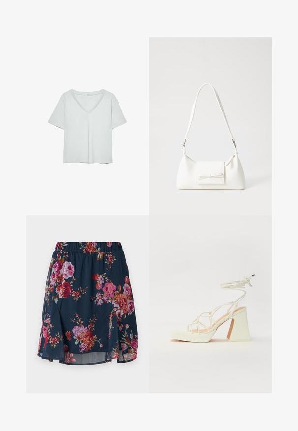 Ljust grå kortärmad T-shirt med V-ringning, tillverkad av mjukt material; har en avslappnad passform och rena sömmar utan mönster.; Blommig kjol i marinblått tyg med rosa, röda och orange blommor. Har resårmidja och en utsvängd design med sidoklyftor.; Vit högklackad sandal med en kraftig klack, med ett remdesign och ankelband. Slät textur med en plattform framtill för ökad höjd.; Vit syntetisk handväska med triangulär form, platt framklaff och rosettdetalj, justerbar rem, slät textur och minimalistisk design.