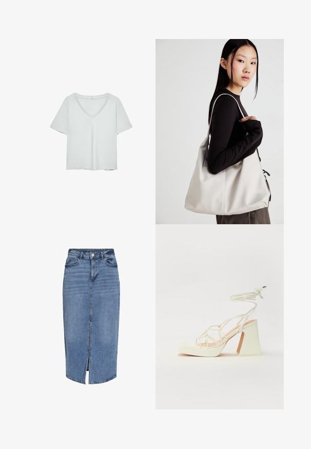 Svetlo siva kratkolasna majica s V-izrezom, napravljena od mekog materijala; ima ležeran kroj i čiste šavove bez uzoraka.; Denim midi krilo v svetlo modri barvi z odprtino spredaj, petimi žepi, zankami za pas in gumbom za zapiranje v pasu. Klasičen kroj in tekstura.; Bela sandala na visokih petah s debelim petam, ki ima obliko trakcev in vezanje okoli gležnja. Gladka tekstura z platformo spredaj za dodatno višino.; Bežna torbica iz mehkega materiala, z ohlapno zasnovo, šivi in dvema naramnicama. Primerna za vsakodnevno uporabo.