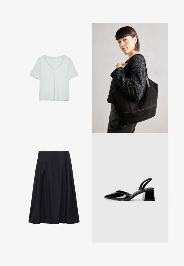 Lys grå kortærmet T-shirt med V-hals, lavet af blødt materiale; den har en afslappet pasform og ren syning uden mønstre.; Mango THAI - A-snit nederdel - blue; Sorte patentlæder slingback hæle med spids tå og en geometrisk blok hæl. Har et elegant, minimalistisk design og en glat tekstur.; Sort ruskinds tote taske med en glat tekstur, struktureret form og kontrasterende syninger. Har lange stropper til skulderbæring.