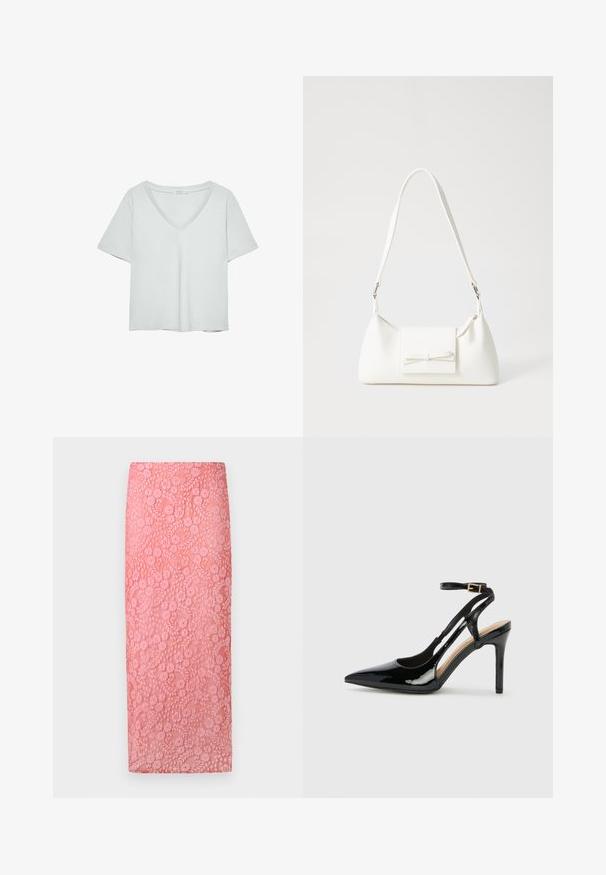 Svetlo siva kratkolasna majica s V-izrezom, napravljena od mekog materijala; ima ležeran kroj i čiste šavove bez uzoraka.; Čipkasta svinčnik krila v svetlo roza barvi z cvetličnim vzorcem in teksturiranim zaključkom; dolžina do kolen in prilega silhueto.; Črne lakaste usnjene čevlje na visoki peti z odprtim petnim delom, usnjeni trak za prilagoditev okrog gležnja in z ozkimi stranskimi odprtinami. Gladka tekstura.; Bela sintetična torbica v obliki trikotnika, z ravnim sprednjim poklopcem in detajlom mašne, nastavljivim trakom, gladko teksturo in minimalističnim dizajnom.