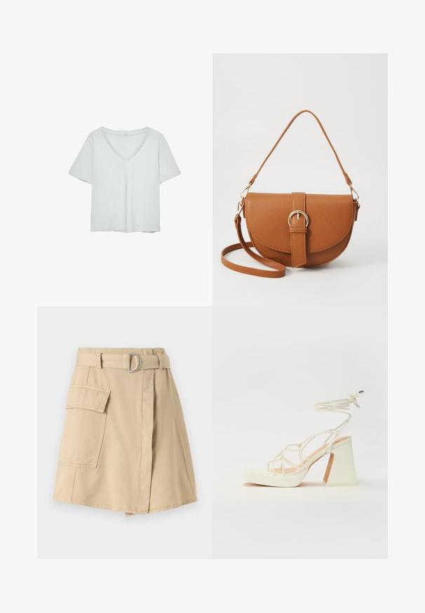 Ljust grå kortärmad T-shirt med V-ringning, tillverkad av mjukt material; har en avslappnad passform och rena sömmar utan mönster.; Beige bomullskjol med sidficka, bälte i midjan som har en silverring och en lätt A-linjeform. Slät textur och enkel design.; Vit högklackad sandal med en kraftig klack, med ett remdesign och ankelband. Slät textur med en plattform framtill för ökad höjd.; Brun läder crossbody-väska med en böjd form, gyllene detaljer och en spänneaccent. Har en avtagbar axelrem.