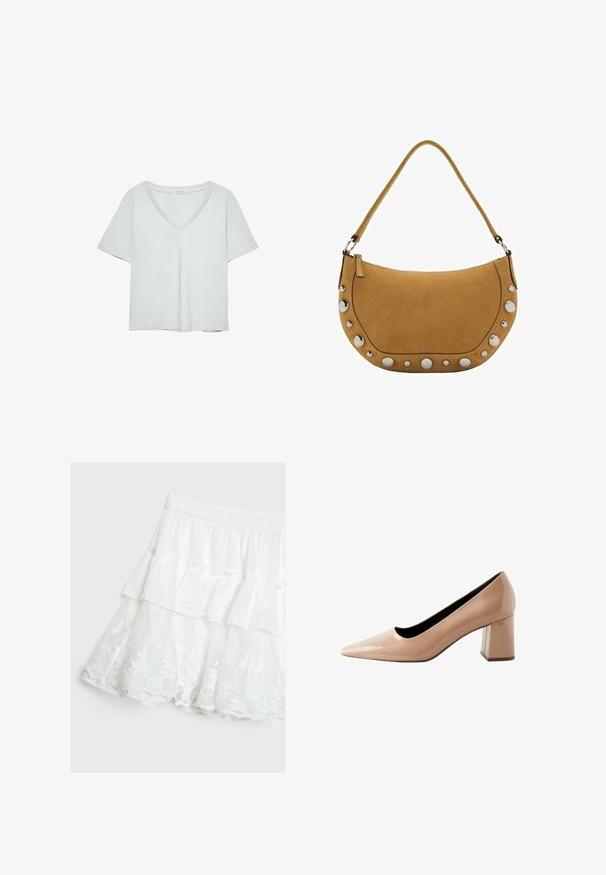Svetlo siva kratkolasna majica s V-izrezom, napravljena od mekog materijala; ima ležeran kroj i čiste šavove bez uzoraka.; Bela večplastna krila iz lahkotnega blaga, z naborkom in cvetličnim čipkastim obrobom na dnu. Elastičen pas.; Nude lakirani salonar s oštrim vrhom i blok petom, s glatkom, sjajnom površinom i elegantnim, minimalističkim dizajnom.; Usnjena torbica v polmesecu iz svetlo rjave kože, ki ima zgornji zadrgo, dolg ramenski trak in kovinske žebljičke ob spodnjem robu.