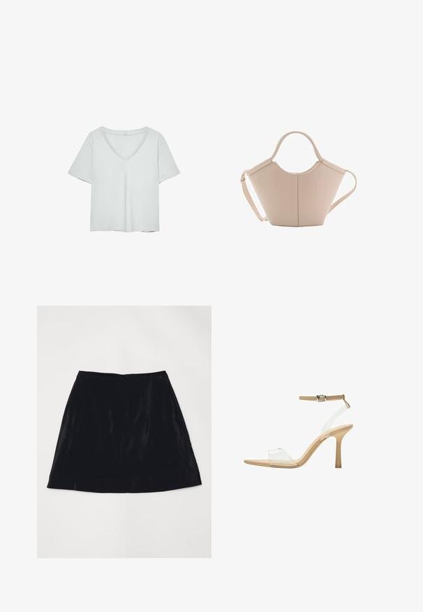 Svetlošedé tričko s krátkymi rukávmi a výstrihom do V, vyrobené z mäkkého materiálu; má uvoľnený strih a čisté stehy bez vzorov.; Čierna A-čková sukňa z sametu, ktorá má hladkú textúru a diskrétny zadný zips. Jednoduchý dizajn bez viditeľných vzorov alebo akcentov.; Priehľadné sandále na vysokom podpätku s transparentným zvrškom, béžovou stielkou a štíhlym remienkom na členku. Majú špicatú špičku a tenký vysoký podpätok.; Béžová kožená kabelka s unikátnym tvarom, vybavená dvoma krátkymi uchami a jedným dlhým nastaviteľným popruhom. Hladký povrch s minimálnym kovovým príslušenstvom.