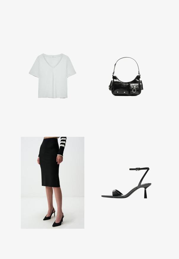 Jasnoszary T-shirt z krótkim rękawem i dekoltem w serek, wykonany z miękkiego materiału; charakteryzuje się luźnym krojem i starannym wykończeniem bez wzorów.; Czarna spódnica ołówkowa z gładkiego materiału, sięgająca do połowy łydki, o dopasowanym kroju. Noszona z czarnymi szpilkami o spiczastych noskach.; Bershka - Sandały na obcasie; Czarna torebka z lakierowanej skóry o zaokrąglonym kształcie, z jednym paskiem na ramię, przednimi kieszeniami i akcentami w kolorze srebrnym.