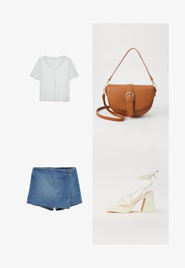 Lichtgrijze T-shirt met korte mouwen en V-hals, gemaakt van zacht materiaal; heeft een relaxte pasvorm en nette stiksels zonder patronen.; Denim shorts in mid-blauw met een uniek overlappend ontwerp. Heeft een ritssluiting en een klein logo-accent op de tailleband.; Witte hoge hakken sandaal met een chunky hak, met een bandjesontwerp en enkelband. Gladde textuur met een plateau voor extra hoogte.; Bruine leren schoudertas met een gebogen vorm, gouden hardware en een gespaccent. Bevat een afneembare schouderriem.