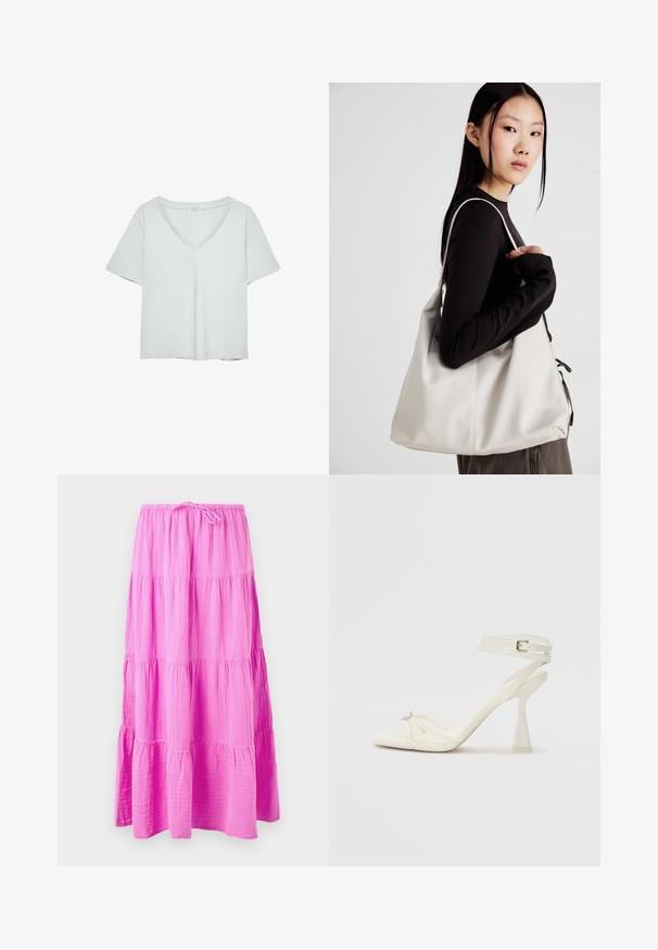 Vaaleanharmaa lyhythihainen T-paita, jossa on V-pääntie, valmistettu pehmeästä materiaalista; sisältää rentoa istuvuutta ja siistiä viimeistelyä ilman kuvioita.; Pitkä, porrastettu hame kirkkaan vaaleanpunaisena, valmistettu pehmeästä, teksturoidusta kankaasta. Varustettu joustavalla vyötärönauhalla, jossa on nyöri säädettävää istuvuutta varten.; Valkoinen nahkainen strappisaapas, jossa on virtaviivainen muotoilu, läpinäkyvä lohko-osa ja koristeellinen elementti varpaassa.; Beige laukku, joka on valmistettu pehmeästä materiaalista, ja siinä on rento muotoilu, ommeltu yksityiskohtia ja kaksi olkahihnaa. Sopii päivittäiseen käyttöön.