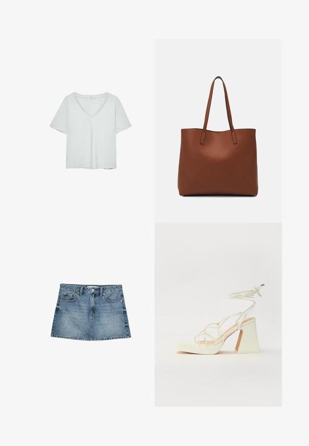 T-shirt grigio chiaro a maniche corte con scollatura a V, realizzato in materiale morbido; presenta una vestibilità rilassata e cuciture pulite senza motivi.; Gonna in denim blu chiaro, presenta cinque tasche, chiusura con bottone e orlo leggermente svasato, con una texture usurata e dettagli sbiaditi.; Sandalo bianco con tacco alto, caratterizzato da un design a cinturini e un legaccio alla caviglia. Texture liscia con una piattaforma frontale per un'altezza aggiuntiva.; Borsa tote in pelle marrone con texture liscia, design con apertura superiore e due spallacci. Presenta cuciture minime e nessun hardware visibile.