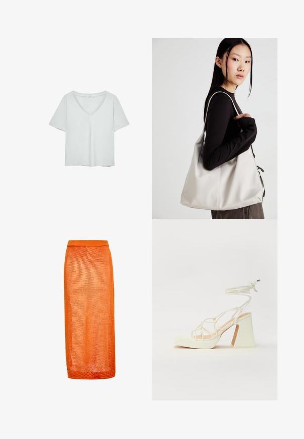 Lys grå kortærmet T-shirt med V-hals, lavet af blødt materiale; den har en afslappet pasform og ren syning uden mønstre.; Orange strikket midi-nederdel med mesh-design. Har en tætsiddende talje og en let, tekstureret finish.; Hvide højhælede sandaler med en kraftig hæl, der har et stropdesign og ankelbinding. Glat tekstur med en platform foran for ekstra højde.; Beige håndtaske lavet af blødt materiale med et slouchy design, stikninger og to skulderremme. Velegnet til daglig brug.