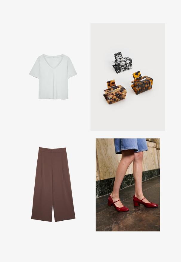 Jasnoszary T-shirt z krótkim rękawem i dekoltem w serek, wykonany z miękkiego materiału; charakteryzuje się luźnym krojem i starannym wykończeniem bez wzorów.; Brązowe spodnie o szerokich nogawkach z gładką fakturą, z wysokim stanem i plisami z przodu. Materiał jest lekki i luźno opada.; Osoba w błyszczących, czerwonych szpilkach Mary Jane z blokowym obcasem i niebieskiej spódnicy dżinsowej stoi na ciemnej posadzce z płytek, obok marmurowej ściany.; Trzy spinki do włosów: jedna w czarno-białe marmurkowe wzory, dwie w kolorach brązu i czerni w stylu żółwi, wszystkie wykonane z błyszczącego plastiku z teksturowanym wykończeniem.