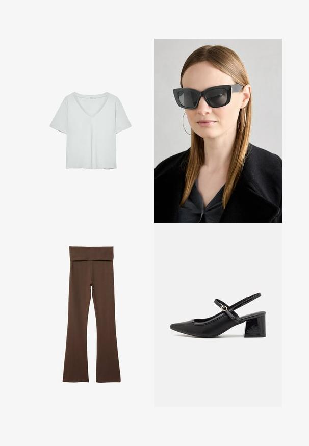 T-shirt gris clair à manches courtes avec un décolleté en V, fabriqué en matériau doux ; présente une coupe décontractée et des coutures nettes sans motifs.; Leggings bruns évasés avec une large ceinture douce. Fabriqués en tissu extensible avec une texture lisse et sans motifs ni accents visibles.; Escarpins slingback en cuir verni noir avec un embout pointu, un design à découpes arrondies et un talon carré. Présente un accent de boucle en ton doré.; Des lunettes de soleil en forme de chat noir avec des verres foncés, des montures épaisses et des accents subtils. Portées avec un manteau noir et un haut gris, avec des cheveux longs et raides.