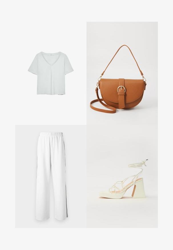 Lys grå kortærmet T-shirt med V-hals, lavet af blødt materiale; den har en afslappet pasform og ren syning uden mønstre.; Hvide vide bukser med elastisk talje og sorte striber på siden. Lavet af glat stof med en afslappet, casual pasform.; Hvide højhælede sandaler med en kraftig hæl, der har et stropdesign og ankelbinding. Glat tekstur med en platform foran for ekstra højde.; Brun læder crossbody taske med en buet form, guldfarvet hardware og en spændeaccent. Har en aftagelig skulderrem.
