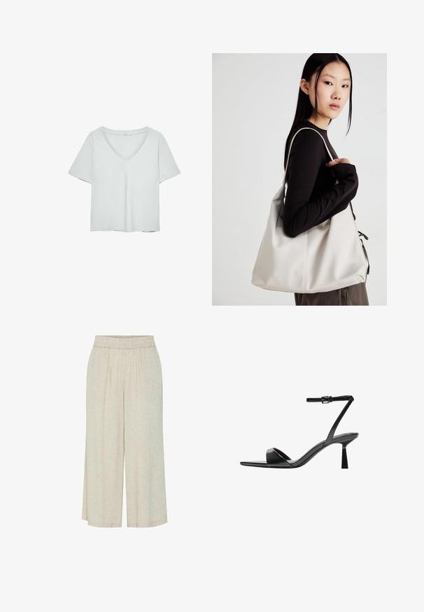 Ljust grå kortärmad T-shirt med V-ringning, tillverkad av mjukt material; har en avslappnad passform och rena sömmar utan mönster.; Beige, vida byxor i lätt tyg med texturerad yta. Har ett elastiskt midjeband och veckdetaljer.; Bershka Sandaletter - black; Beige handväska tillverkad av mjukt material, med en avslappnad design, sydda detaljer och två axelremmar. Lämplig för dagligt bruk.
