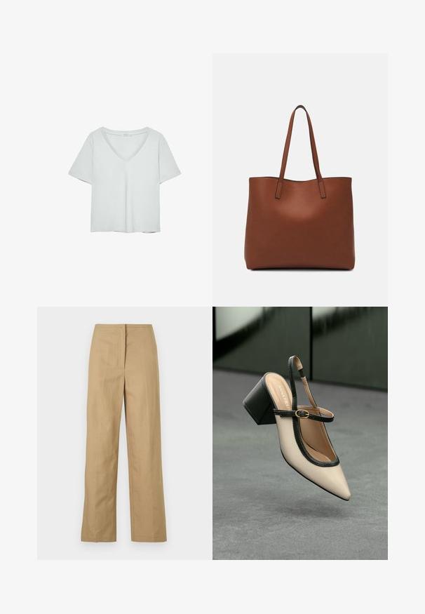 T-shirt grigio chiaro a maniche corte con scollatura a V, realizzato in materiale morbido; presenta una vestibilità rilassata e cuciture pulite senza motivi.; Pantaloni beige a gamba dritta con frontale piatto, tasche laterali e un tessuto liscio e leggero. Nessun motivo visibile o dettagli hardware.; Scarpa beige con punta a stivale, con rifiniture nere, fibbia dorata e tacco a blocco spesso su un pavimento grigio con sfondo verde scuro.; Borsa tote in pelle marrone con texture liscia, design con apertura superiore e due spallacci. Presenta cuciture minime e nessun hardware visibile.