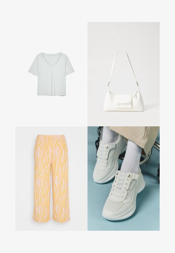 Svijetlosiva kratkotrajna majica s V-izrezom, izrađena od mekog materijala; ima opušteni kroj i čiste šavove bez uzoraka.; b.young BYFalakka - Hlače - blazing orange; Bijele tenisice s mrežastim materijalom, gumeni potplat, dizajn bez vezica s elastičnim trakama i zlatnim detaljima.; Bijela sintetička torbica s trokutastim oblikom, ravnim prednjim poklopcem i detaljem u obliku mašne, podesivom remenom, glatkom teksturom i minimalističkim dizajnom.