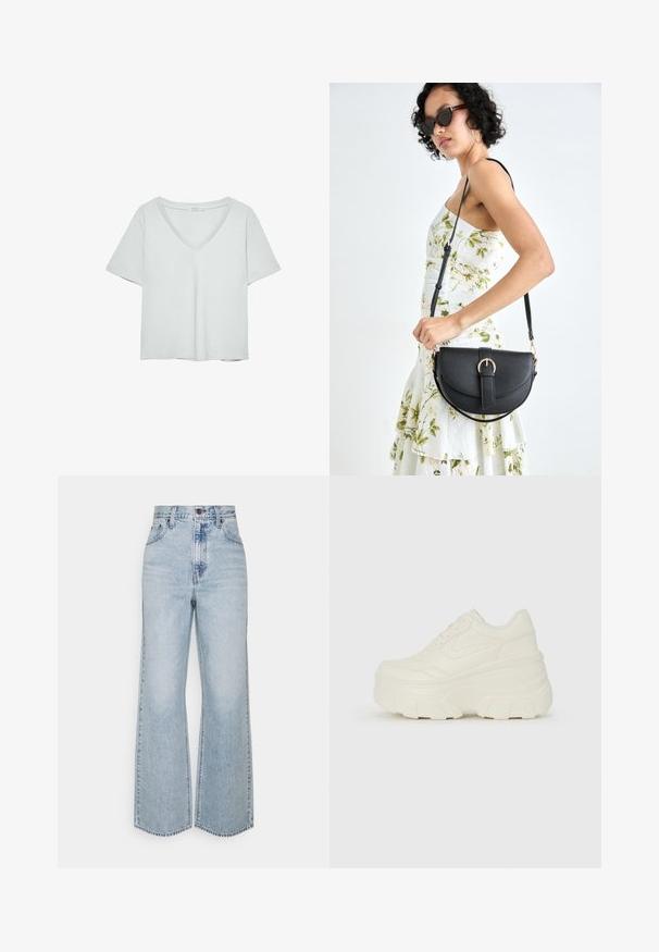 Ljust grå kortärmad T-shirt med V-ringning, tillverkad av mjukt material; har en avslappnad passform och rena sömmar utan mönster.; Ljusblå denimbyxor med vida ben som har hög midja, klassisk femficksdesign och kontrasterande stygn. Ofärgad fålldetalj nertill.; Vita plattformssneakers med en slät läderliknande överdel, rundad form, vadderad krage och texturerad gummisula med definierade mönster.; Svart läderhandväska med en böjd form, avtagbar rem och guldiga detaljer. Väskan har ett lock med en spänndetalj.