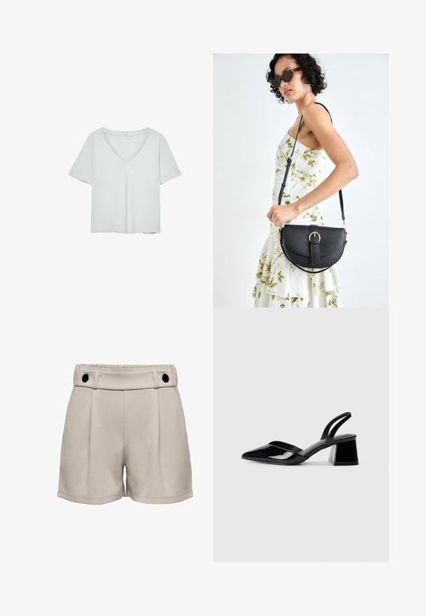 T-shirt gris clair à manches courtes avec un décolleté en V, fabriqué en matériau doux ; présente une coupe décontractée et des coutures nettes sans motifs.; Shorts beige clair avec taille haute, devant plissé et deux boutons noirs à la taille. Texture douce et design décontracté.; Escarpins en cuir verni noir avec bout pointu et talon bloc géométrique. Présente un design élégant et minimaliste ainsi qu'une texture lisse.; Sac à main en cuir noir avec une forme courbée, bandoulière amovible et des accessoires en or. Le sac est doté d'un rabat avec un détail de boucle.