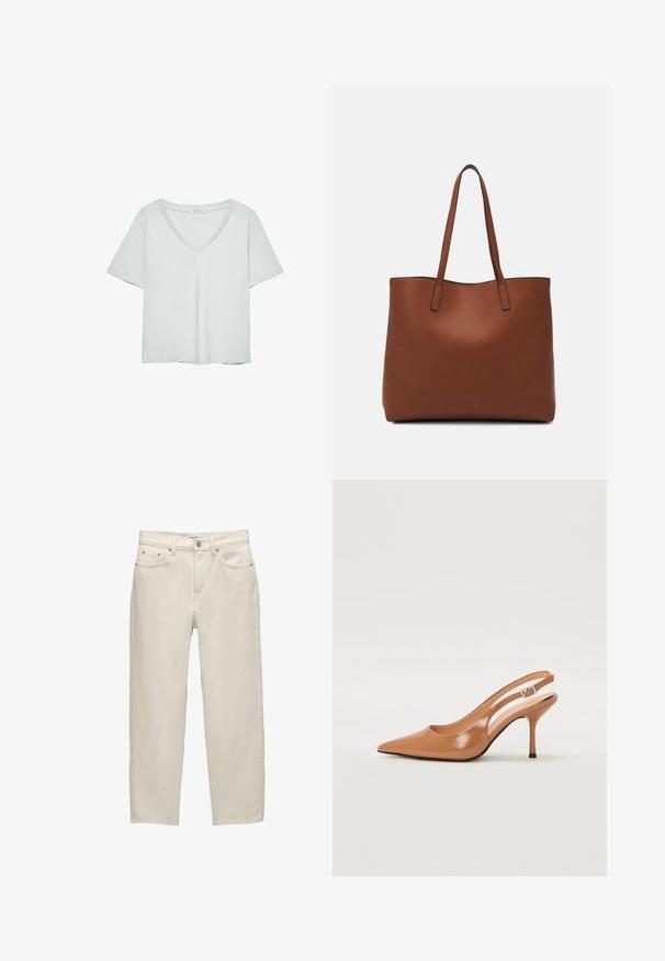 Lys grå kortærmet T-shirt med V-hals, lavet af blødt materiale; den har en afslappet pasform og ren syning uden mønstre.; Hvide denim jeans med en afslappet pasform, der har lige ben, fem-lomme design og metal hardware med en subtil tekstur.; Spids tå slingback hæl i et glat, blankt tan materiale. Har et buet udskæring design og en slank stiletto hæl. Sølv spænde detalje.; Brun læder tote taske med en glat overflade, åben topdesign og to skulderremme. Har minimal syning og ingen synlig hardware.