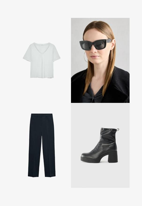 Svijetlosiva kratkotrajna majica s V-izrezom, izrađena od mekog materijala; ima opušteni kroj i čiste šavove bez uzoraka.; Mornarsko plave hlače s ravnim nogavicama, ravnim prednjim dijelom, dva bočna džepa i glatkom teksturom. Nema vidljivih uzoraka ili akcenta.; Crne gležnjače od glatke kože, s bočnim zatvaračem, debelim teksturiranim potplatom i dizajnom s zaobljenim prstima.; Crne mačje naočale s tamnim staklima, debelim okvirima i suptilnim detaljima. Nosit će se s crnim kaputom i sivoj majici, s dugom ravnom kosom.