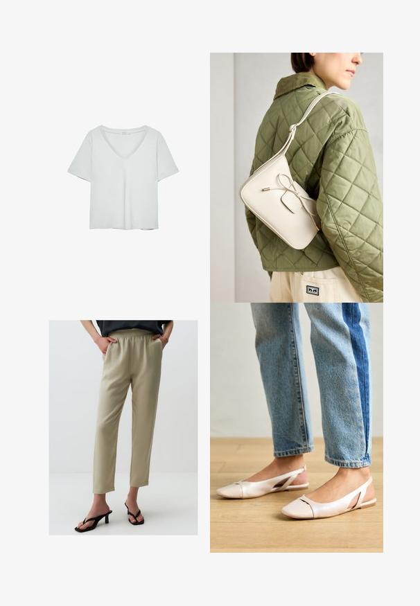 Light gray short-sleeve T-shirt with a V-neckline, made from soft material; features a relaxed fit and clean stitching with no patterns.; Light beige, high-waisted pants with an elastic waistband, straight legs, and smooth texture. Paired with black heeled sandals.; Pale pink slingback flats with a pointed toe, made from a smooth leather-like material. Features cut-out details at the sides and a flat heel.; Beige leather crossbody bag with a bow detail, gold hardware, and a single adjustable strap, worn over a green quilted jacket.