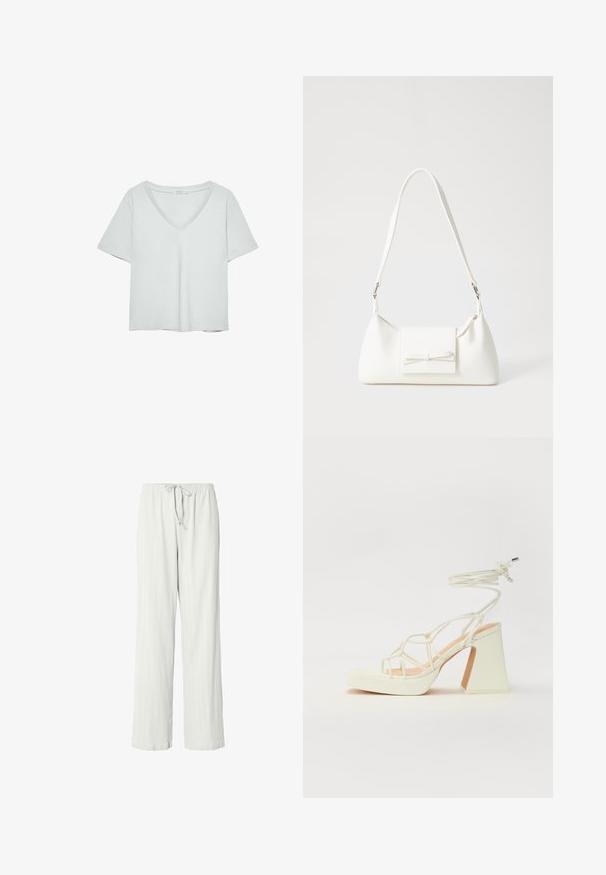 T-shirt gris clair à manches courtes avec un décolleté en V, fabriqué en matériau doux ; présente une coupe décontractée et des coutures nettes sans motifs.; Pantalons de pyjama gris clair avec une coupe décontractée, texture côtelée, taille élastique et cordon de serrage réglable. Longueur complète et tissu lisse.; Sandale blanche à talons hauts avec un talon épais, présentant un design à lanières et un lien autour de la cheville. Texture lisse avec une plateforme à l'avant pour une hauteur supplémentaire.; Sac à main synthétique blanc en forme triangulaire, avec un rabat avant plat et un détail en nœud, une bandoulière ajustable, une texture lisse et un design minimaliste.