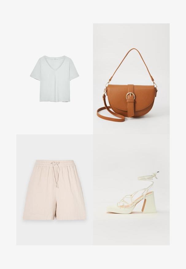 Ljust grå kortärmad T-shirt med V-ringning, tillverkad av mjukt material; har en avslappnad passform och rena sömmar utan mönster.; Beiga shorts med elastisk midja och dragsko. Tillverkade av lättviktsmaterial, med en texturerad yta och lös passform.; Vit högklackad sandal med en kraftig klack, med ett remdesign och ankelband. Slät textur med en plattform framtill för ökad höjd.; Brun läder crossbody-väska med en böjd form, gyllene detaljer och en spänneaccent. Har en avtagbar axelrem.