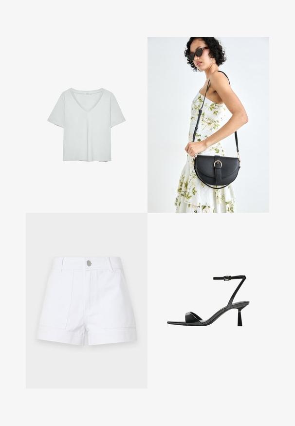 Svetlošedé tričko s krátkymi rukávmi a výstrihom do V, vyrobené z mäkkého materiálu; má uvoľnený strih a čisté stehy bez vzorov.; Biele džínsy šortky s vysokým pásom, dvoma prednými vreckami a strieborným uzatváraním. Rovný strih s ohnutými okrajmi.; Bershka Sandále na vysokom opätku - black; Čierna kožená kabelka s zaobleným tvarom, odnímateľným popruhom a zlatými doplnkami. Kabelka má klopu s detailom s prackou.