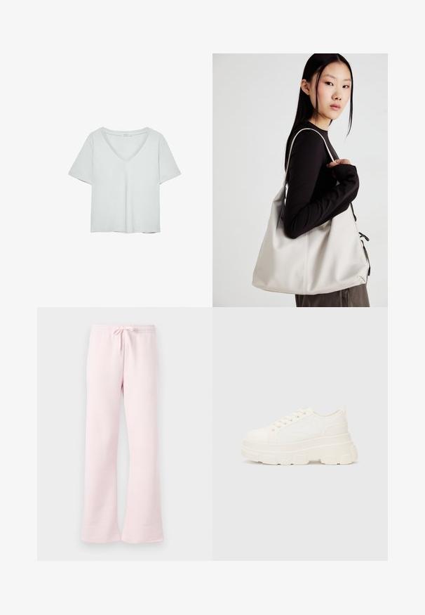 Hellgraues T-Shirt mit kurzen Ärmeln und V-Ausschnitt, aus weichem Material gefertigt; verfügt über eine lockere Passform und saubere Nähte ohne Muster.; Helle rosa Sweatpants aus weichem Stoff, mit einem elastischen Taillenbund und einer verstellbaren Kordel sowie einem legeren Bein Design.; Weiße Leinensneaker mit einer massiven Sohle, abgerundeter Spitze und fünf Ösen für Schnürsenkel. Hinterer Tab für ein einfaches Anziehen. Glatte Textur, minimalistisches Design.; Beige Handtasche aus weichem Material, mit einem lässigen Design, gesteppten Details und zwei Schulterriemen. Geeignet für den täglichen Gebrauch.