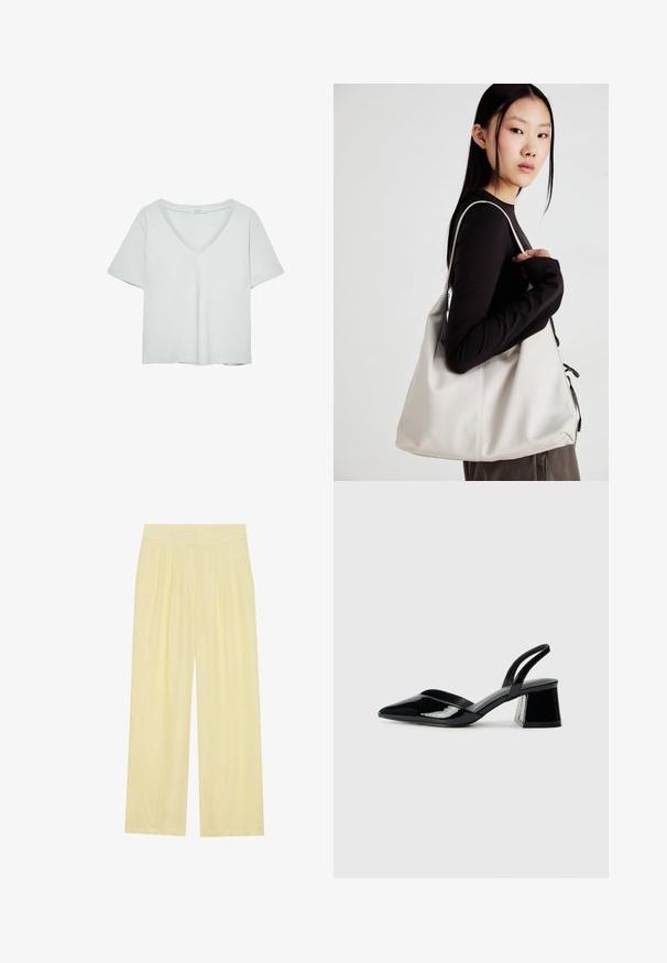 Light gray short-sleeve T-shirt with a V-neckline, made from soft material; features a relaxed fit and clean stitching with no patterns.; Light yellow wide-leg pants made of a textured fabric, featuring a pleated front and a high elastic waistband.; Black patent leather slingback heels with a pointed toe and a geometric block heel. Features a sleek, minimal design and smooth texture.; Beige handbag made of soft material, featuring a slouchy design, stitched detailing, and two shoulder straps. Suitable for everyday use.