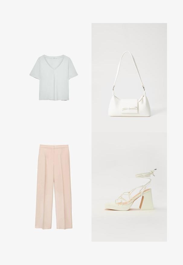 Svetlošedé tričko s krátkymi rukávmi a výstrihom do V, vyrobené z mäkkého materiálu; má uvoľnený strih a čisté stehy bez vzorov.; Svetloružové nohavice s voľným strihom vyrobené z hladkej látky. Majú plochý predný diel, bočné vrecká a prispôsobený opasok. Bez viditeľných zapínaní.; Biele sandále na vysokom opätku s hrubým podpätkom, s pruhovaným dizajnom a viazaním na členku. Hladký povrch s platformou vpredu pre zvýšenú výšku.; Biela syntetická kabelka s trojuholníkovým tvarom, plochým predným klapkou a detailom mašle, nastaviteľným popruhom, hladkou textúrou a minimalistickým dizajnom.