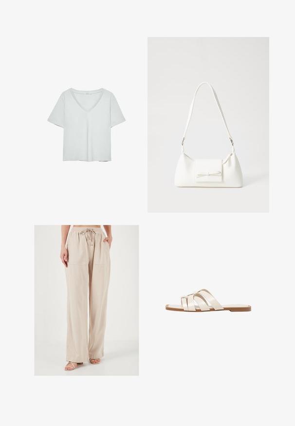 Svetlo siva kratkolasna majica s V-izrezom, napravljena od mekog materijala; ima ležeran kroj i čiste šavove bez uzoraka.; Beige široke hlače iz lahkega materiala z elastičnim pasom in vrvico. Imajo dva velika sprednja žepa.; Ravne sandale s svetlo rjavim gumijastim podplatom, zasnovane s tremi prekrivajočimi se belimi usnjenimi trakovi in majhnim lokom na sredini.; Bela sintetična torbica v obliki trikotnika, z ravnim sprednjim poklopcem in detajlom mašne, nastavljivim trakom, gladko teksturo in minimalističnim dizajnom.
