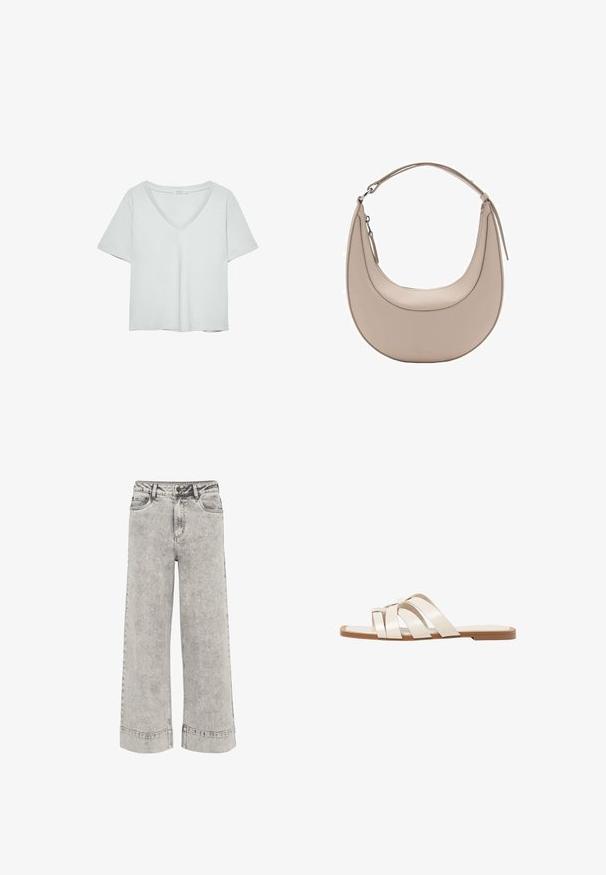 Lichtgrijze T-shirt met korte mouwen en V-hals, gemaakt van zacht materiaal; heeft een relaxte pasvorm en nette stiksels zonder patronen.; Wijde jeans in lichtgrijs denim, met een hoge taille, traditionele vijf-pocketontwerp en een licht vervaagde textuur met contrasterende stiksels.; Vlakke sandalen met een tan rubberen zool, ontworpen met drie overlappende witte leren banden en een kleine strikdetail in het midden.; Beige leren schoudertas met een halve maanvorm, een soepele textuur en een enkele gebogen handgreep. Voorzien van een ritssluiting en nette stiksels.