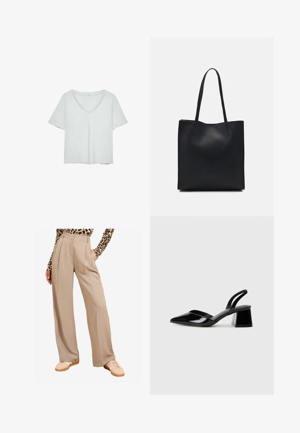 Lys grå kortærmet T-shirt med V-hals, lavet af blødt materiale; den har en afslappet pasform og ren syning uden mønstre.; Beige videbukser med folder, der har lommer og en glat tekstur. Kombineret med beige sneakers og en leopardmønstret top.; Sorte patentlæder slingback hæle med spids tå og en geometrisk blok hæl. Har et elegant, minimalistisk design og en glat tekstur.; Sort læder tote taske med glat tekstur, rektangulær form og to lange hanke. Ingen synlig hardware eller udsmykninger.