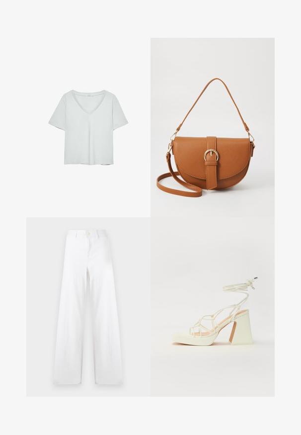 Svetlo siva kratkolasna majica s V-izrezom, napravljena od mekog materijala; ima ležeran kroj i čiste šavove bez uzoraka.; Bela široka hlače iz bombaža, z gumbom za zapiranje in čistimi linijami. Tkanina ima mehak teksturo z gladkim zaključkom.; Bela sandala na visokih petah s debelim petam, ki ima obliko trakcev in vezanje okoli gležnja. Gladka tekstura z platformo spredaj za dodatno višino.; Rjava usnjena torbica prek telesa s ukrivljeno obliko, zlate opreme in sponko. Ima odstranljiv naramni trak.