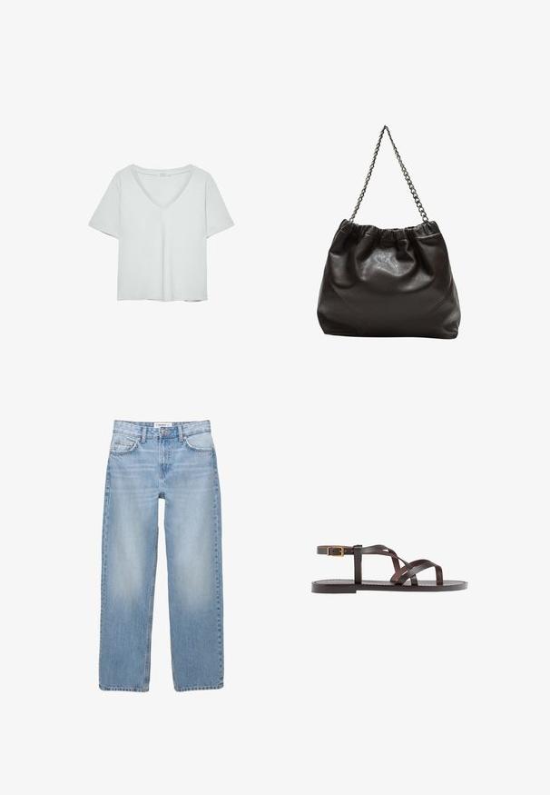 Svetle šedé tričko s krátkým rukávem a výstřihem do V, vyrobené z jemného materiálu; má volný střih a čisté švy bez vzorů.; Světle modré denimové džíny se střihnutím rovného nohavice, v pěti kapsách a viditelnými švy. Materiál je měkký a má jemně vybledlý vzhled.; Hnědé kožené sandály s kříženými pásky, uzavřením na přezku u kotníku a plochou podrážkou s minimem švů.; Hnědá kožená taška se sbíraným vrškem a řetízkovým popruhem. Hladký povrch s lesklým finišem a jemným švem na bocích.