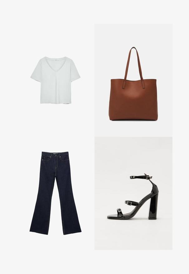 Vaaleanharmaa lyhythihainen T-paita, jossa on V-pääntie, valmistettu pehmeästä materiaalista; sisältää rentoa istuvuutta ja siistiä viimeistelyä ilman kuvioita.; Tummansiniset farkkukellot, joissa on perinteinen viiden taskun muotoilu ja näkyvät saumat. Kangas on sileää tekstuuria ja siinä on vain vähän kulumista.; Musta kiiltäväpintainen korkokengät, joissa on kaksi solkikiinnitystä, neliönmuotoinen kärki ja paksu korko, sileällä, kiiltävällä pintarakenteella.; Ruskea nahkainen olkalaukku, jossa on sileä pinta, avoin yläosa ja kaksi olkahihnaa. Omaavat vain minimaalisen ompelun eikä näkyvää metalliosaa.