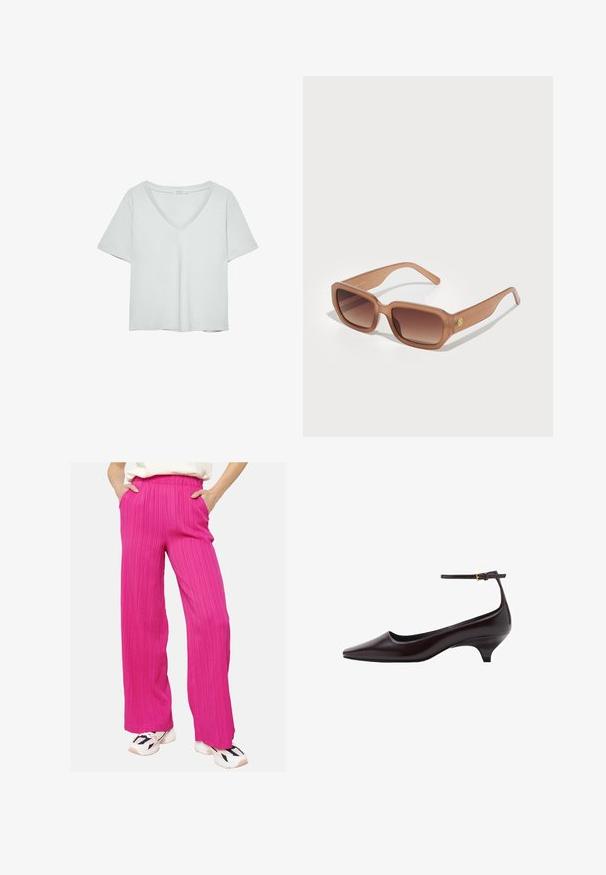 Hellgraues T-Shirt mit kurzen Ärmeln und V-Ausschnitt, aus weichem Material gefertigt; verfügt über eine lockere Passform und saubere Nähte ohne Muster.; Rosa, weit geschnittene Hose aus strukturiertem Stoff mit elastischem Bund und Seitentaschen, kombiniert mit weißen Sneakers mit schwarzen Akzenten.; Dunkelbraunes, spitz zulaufendes Lederschuh mit Kitten-Heel, dünnem Knöchelriemen und kleiner goldener Schnalle.; Braune rechteckige Sonnenbrille mit Verlaufslinsen, dicken Rahmen und einem Logodetail an der Seite. Glattes Kunststoffmaterial, minimales Design.