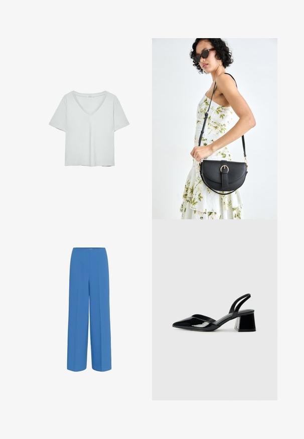 Ljust grå kortärmad T-shirt med V-ringning, tillverkad av mjukt material; har en avslappnad passform och rena sömmar utan mönster.; Blå vida byxor i slät tyg, med en framfals och platt midjeband utan synliga knäppningar.; Svarta lackläder slingback klackar med spetsig tå och geometrisk klack. Har en elegant, minimalistisk design och slät yta.; Svart läderhandväska med en böjd form, avtagbar rem och guldiga detaljer. Väskan har ett lock med en spänndetalj.