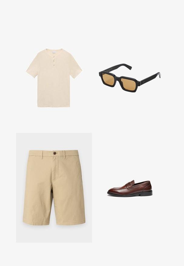 Lichtbeige korte mouwen henley-shirt van zachte stof, met een ronde kraag, drie knopen en een rechte zoom.; GAP VINTAGE - Shorts - khaki; Bruine leren loafers met een gladde afwerking, ronde neus, decoratieve band en zwarte rubberen zool. Heeft een minimale stiksel details.; Het genereren van alternatieve tekst is mislukt.; Canvas draagtasje in off-white, voorzien van korte handvatten en de geprinte tekst "LES DEUX" in vetgedrukte zwarte letters. Duurzaam, eenvoudig ontwerp.
