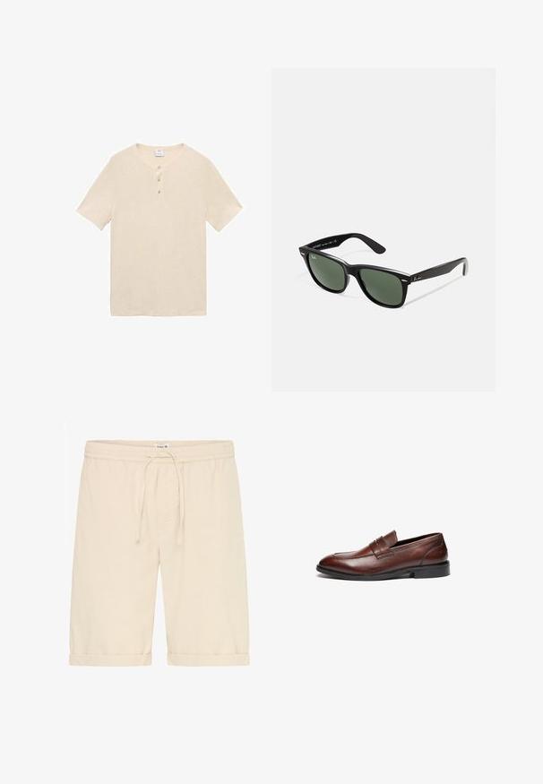 Lys beige kortærmet henley skjorte lavet af blødt stof, med en rund krave, tre knapper og en lige kant.; Beige bomulds shorts med elastisk talje, justerbar snor og opkrøllet kant, designet til afslappet brug.; Brune læder loafers med en glat finish, rund tå, dekorativ rem og sort gummisål. Har minimal syning detaljer.; Sorte plastiksolkaber med grønne linser, firkantede stel, sølvaccent på brynene og teksturerede templede arme. Angivet mærke på den indre arm.; Canvas tote bag i off-white, med korte håndtag og teksten "LES DEUX" trykt i fede sorte bogstaver. Holdbart, simpelt design.