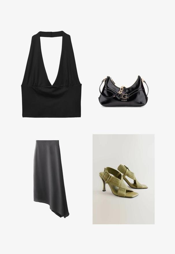 Top corto nero senza maniche con una profonda scollatura a V, dettaglio in tessuto arricciato e texture liscia. Design semplice, senza decorazioni.; Gonna nera asimmetrica realizzata in tessuto morbido, con vita alta e un taglio fluido che si allunga di più su un lato.; Sandali con tacco intrecciati verdi, con fibbia regolabile, apertura quadrata sulla punta e suola liscia. Presentano un tacco alto elegante e affusolato e cinturini testurizzati.; Borsa in pelle patent nera con design curvo, dettagli in metallo dorato e un logo prominente. Include una tracolla removibile.