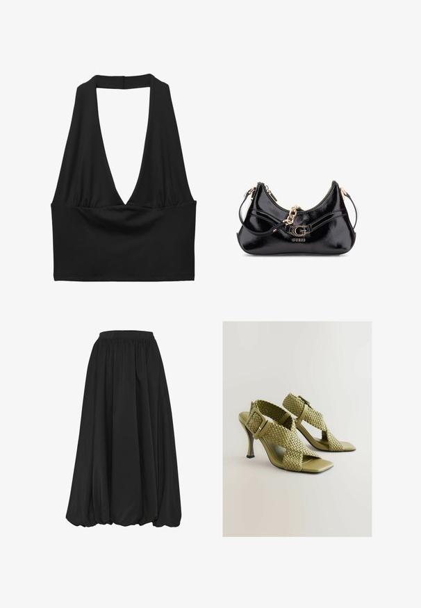 Top noir sans manches, coupe courte, avec un décolleté en V profond, des détails en tissu froncé et une texture lisse. Design simple, sans embellissements.; Jupe noire, de longueur genou avec un tissu froncé. Taille élastique, texture lisse et une silhouette fluide sans motifs ni accents visibles.; Sandales à talons tressées vertes avec boucle réglable, bout ouvert carré et semelle lisse. Présente un talon haut élégant et élancé et des sangles texturées.; Sac en cuir verni noir avec un design courbé, des accents en métal doré et un logo bien en évidence. Comprend une bandoulière amovible.