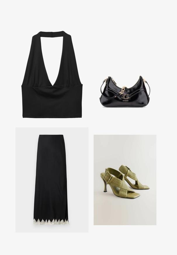 Schwarzes ärmelloses Crop-Top mit tiefem V-Ausschnitt, gerafftem Stoffdetail und glatter Textur. Einfaches Design, ohne Verzierungen.; Schwarzer Maxi-Rock aus glattem Stoff mit hohem Schlitz und kunstvoller weißer Spitzenverzierung am Saum, mit geradem Schnitt und minimalistischem Design.; Grüne, gewebte Absatzsandalen mit verstellbarem Schnallenverschluss, quadratischer offener Zehenpartie und glatter Sohle. Sie verfügen über einen eleganten, schlanken High Heel und strukturierte Riemen.; Schwarze Lackledertasche mit geschwungenem Design, goldenen Hardware-Akzenten und einem auffälligen Logo. Inklusive abnehmbarem Schultergurt.