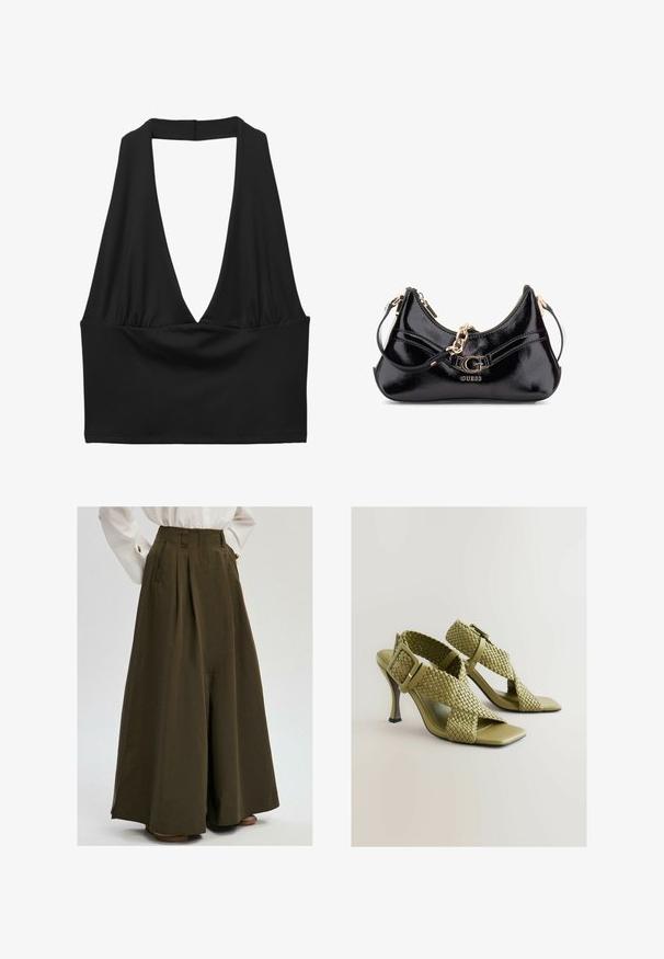 Top scurt negru fără mâneci cu decolteu adânc în V, detalii cu material plisat și textură netedă. Design simplu, fără embellishments.; Pantaloni evazați de culoare verde măsliniu, cu pliuri și buzunare laterale, având o talie înaltă tăiată și o textură de țesătură netedă.; Sandale verzi cu toc împletit, cu cataramă ajustabilă, vârf pătrat deschis și talpă netedă. Prezintă un toc înalt, elegant și subțire, cu curele texturate.; Geantă din piele patent neagră cu un design curbat, accente de hardwear aurii și un logo proeminent. Include o curea de umăr detașabilă.