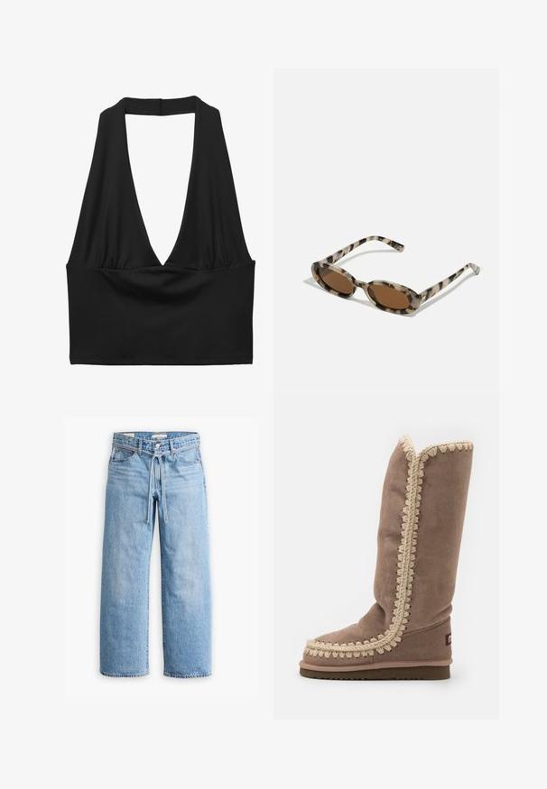 Črn brezrokavnik s kratkim krojem in globokim V-izrezom, nagubanimi detajli in gladko teksturo. Preprost dizajn, brez okrasnih elementov.; Svetlo modri traper široki hlače z visokim pasom, z gumbom in zadrgo ter detajlom s povezanico v pasu. Neobdelan rob.; Visok rjav nubuk škorenj z zapletenim bež šivanjem ob robu, zaobljenim prstom in ravnim podplatom. Preprost, poenostavljen dizajn.; Okulari iz želve s ovalnim lečami, rjavim odtenkom in tankimi vzorčenimi stranmi. Lahka plastična podlaga z diskretnimi zlatimi akcenti.