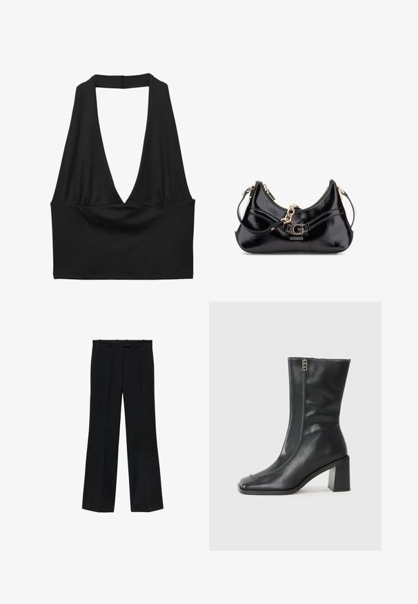 Top scurt negru fără mâneci cu decolteu adânc în V, detalii cu material plisat și textură netedă. Design simplu, fără embellishments.; Pantaloni negri cu un design cu picior drept, confecționați dintr-un material neted. Au un tiv cu bucle pentru curea și nu prezintă marcaje sau embellishments vizibile.; Botă din piele neagră până la gleznă, cu vârf pătrat, fermoar lateral și toc pătrat, masiv. Prezentă cusături contrastante de-a lungul cusăturii frontale.; Geantă din piele patent neagră cu un design curbat, accente de hardwear aurii și un logo proeminent. Include o curea de umăr detașabilă.