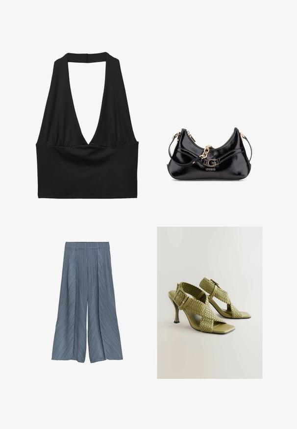 Czarny bezrękawnik z głębokim dekoltem w kształcie litery V, z marszczonym detalem tkaniny i gładką teksturą. Prosty krój, bez ozdób.; Spodnie wykonane z lekkiego materiału, z plisowanym designem w stonowanym niebieskim kolorze, z pionowymi paskami i elastycznym paskiem w talii.; Zielone plecione sandały na obcasie z regulowanym zapięciem, kwadratowym otwartym noskiem i gładką podeszwą. Charakteryzują się eleganckim, smukłym obcasem oraz teksturowanymi paseczkami.; Czarna torebka z lakierowanej skóry o zakrzywionym kształcie, z złotymi akcentami oraz wyraźnym logo. Zawiera odpinany pasek na ramię.
