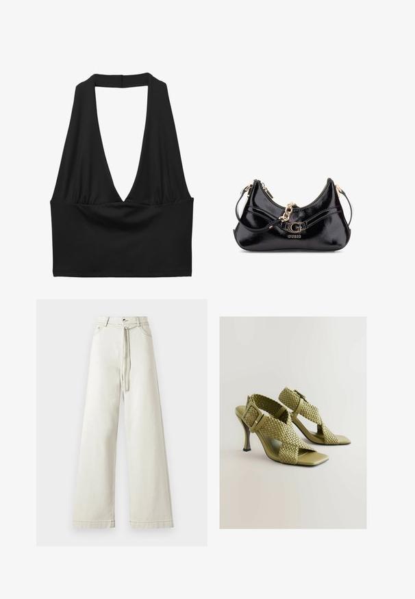 Fekete ujjatlan crop top mély V-kivágással, ráncolt szövet részlettel és sima textúrával. Egyszerű dizájn, díszítések nélkül.; Világos bézs színű, bő szárú farmernadrág, magas derékkal, gombos záródással és anyag övvel. Simább textúra, enyhe fényes hatással.; Zöld szövött sarokszandál állítható csattal, négyzet alakú nyitott orral és sima talppal. Jellemzője a karcsú, magas sarkú kialakítás és a texturált pántok.; Fekete lakkbőr táska íves kialakítással, aranyszínű fémrészletekkel és egy hangsúlyos logóval. Tartalmaz egy levehető vállpántot.