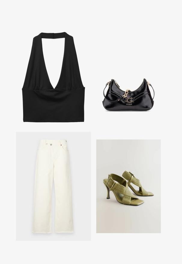 Top scurt negru fără mâneci cu decolteu adânc în V, detalii cu material plisat și textură netedă. Design simplu, fără embellishments.; Jeans largi, de culoare crem, din denim, având talie înaltă, cinci buzunare și o margine brută pentru un fit confortabil.; Sandale verzi cu toc împletit, cu cataramă ajustabilă, vârf pătrat deschis și talpă netedă. Prezintă un toc înalt, elegant și subțire, cu curele texturate.; Geantă din piele patent neagră cu un design curbat, accente de hardwear aurii și un logo proeminent. Include o curea de umăr detașabilă.
