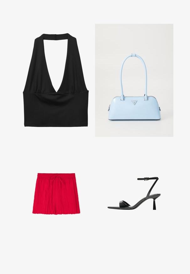 Top noir sans manches, coupe courte, avec un décolleté en V profond, des détails en tissu froncé et une texture lisse. Design simple, sans embellissements.; Shorts en tissu rouge froissé avec une taille élastique et un système de fermeture à cordon. Présente une coupe décontractée et des bords ourlés.; Bershka Sandales à talons hauts - black; Sac à main bleu clair avec une forme structurée, en cuir lisse, deux poignées et un logo de marque triangulaire à l'avant. Fermeture éclair.